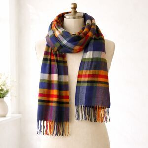 V. Fraas Cashmink Plaid Scarf Made in Germany Fringe Colorful Print Preppy